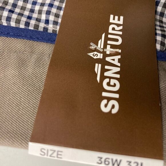 SIGNATURE, Men’s pants, flat front, tag says 36/32, hand measures 35/32, brown, - Picture 7 of 12